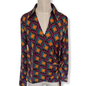 Cupcakes & Cashmere Blouse Silky Multicolor Print Wrap Tie Long Sleeve Size XS